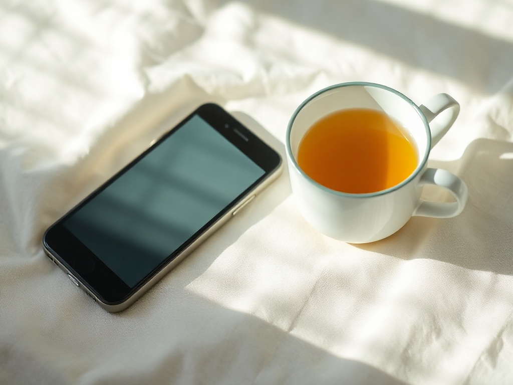 Telefon leżący ekranem w dół i kubek ziołowej herbaty na jasnym płótnie